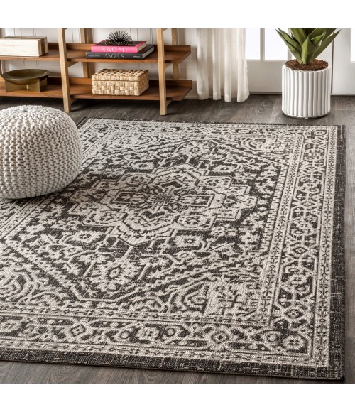 SANTA MONICA Area Rug Sinjuri Medallion Textured Weave Gray/Black 9 ft. x 12 ft. Indoor/Outdoor Area Rug