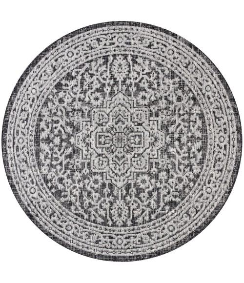 SANTA MONICA Area Rug Sinjuri Medallion Textured Weave Gray/Black 5' Round Indoor/Outdoor Area Rug