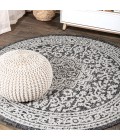 SANTA MONICA Area Rug Sinjuri Medallion Textured Weave Gray/Black 5' Round Indoor/Outdoor Area Rug