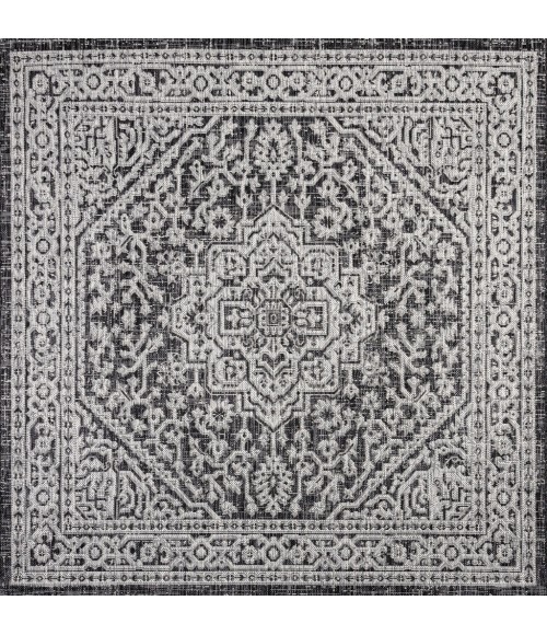 SANTA MONICA Area Rug Sinjuri Medallion Textured Weave Gray/Black 5' Square Indoor/Outdoor Area Rug