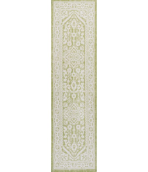 Sinjuri Medallion Textured Weave Green/Cream 2 ft. x 8 ft. Indoor/Outdoor Runner Rug