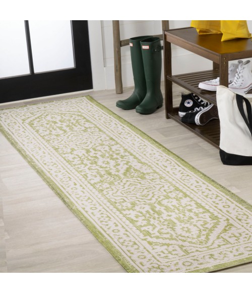 Sinjuri Medallion Textured Weave Green/Cream 2 ft. x 8 ft. Indoor/Outdoor Runner Rug
