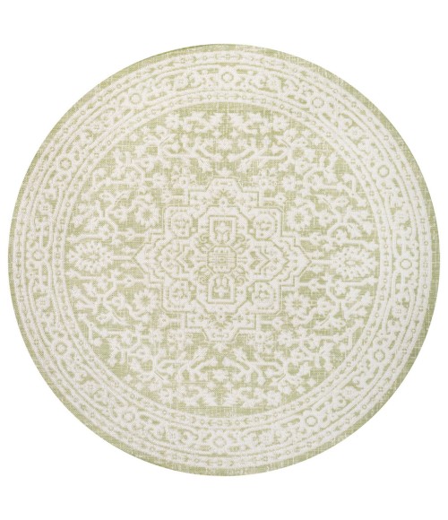 SANTA MONICA Area Rug Sinjuri Medallion Textured Weave Green/Cream 5' Round Indoor/Outdoor Area Rug