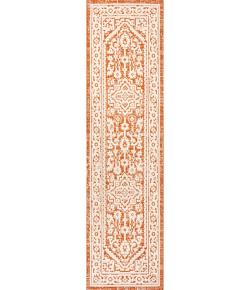 Sinjuri Medallion Textured Weave Orange/Cream 2 ft. x 10 ft. Indoor/Outdoor Runner Rug