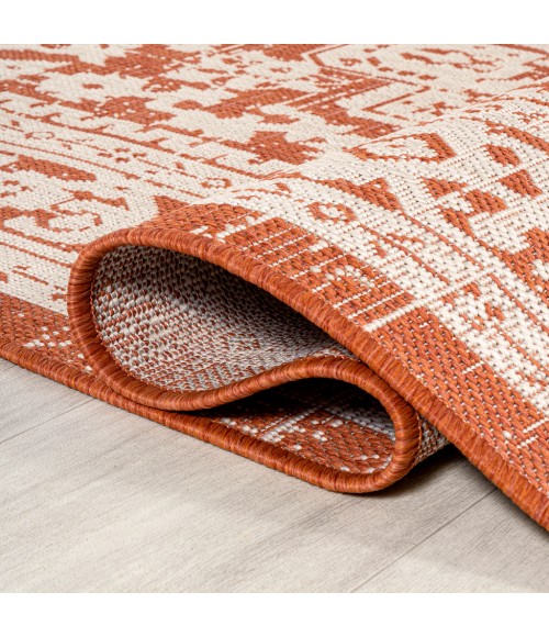SANTA MONICA Area Rug Sinjuri Medallion Textured Weave Orange/Cream 5' Square Indoor/Outdoor Area Rug