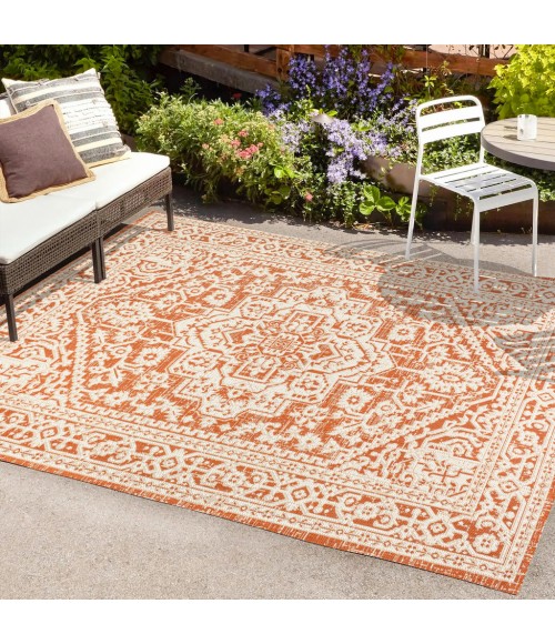 SANTA MONICA Area Rug Sinjuri Medallion Textured Weave Orange/Cream 5 ft. x 8 ft. Indoor/Outdoor Area Rug