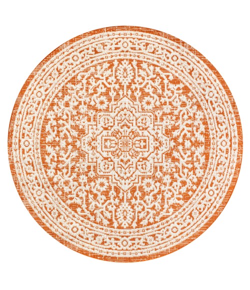 SANTA MONICA Area Rug Sinjuri Medallion Textured Weave Orange/Cream 5' Round Indoor/Outdoor Area Rug