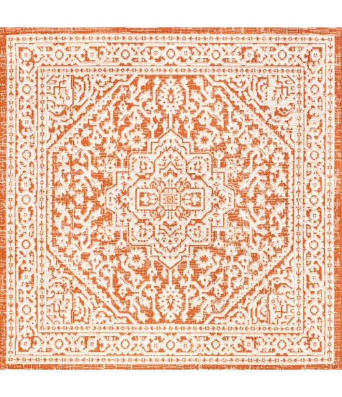 SANTA MONICA Area Rug Sinjuri Medallion Textured Weave Orange/Cream 5' Square Indoor/Outdoor Area Rug
