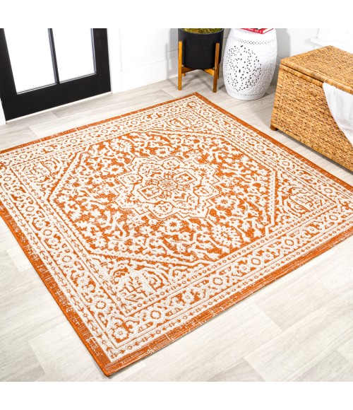 SANTA MONICA Area Rug Sinjuri Medallion Textured Weave Orange/Cream 5' Square Indoor/Outdoor Area Rug