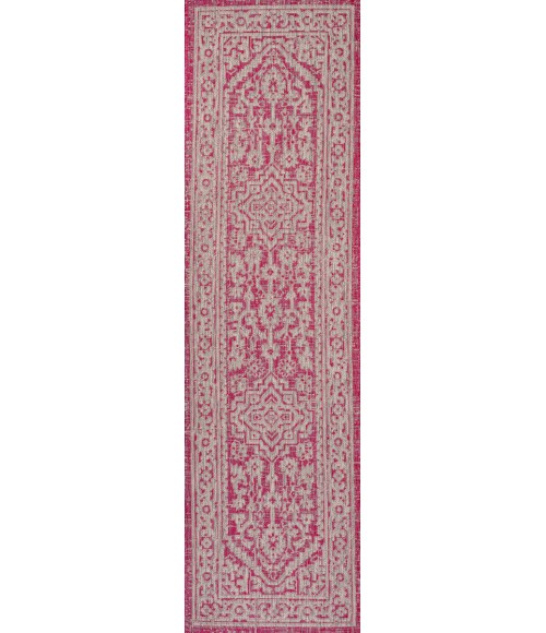 SANTA MONICA Area Rug Sinjuri Medallion Textured Weave Fuchsia/Light Gray 2 ft. x 10 ft. Indoor/Outdoor Runner Rug