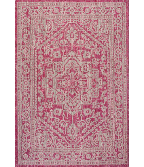 Sinjuri Medallion Textured Weave Fuchsia/Light Gray 3 ft. x 5 ft. Indoor/Outdoor Area Rug