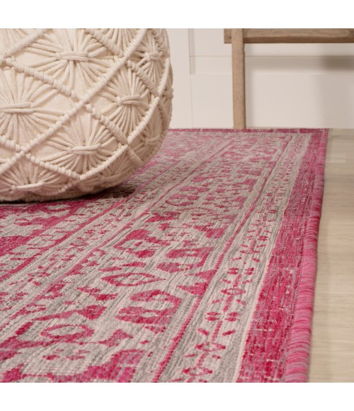 SANTA MONICA Area Rug Sinjuri Medallion Textured Weave Fuchsia/Light Gray 2 ft. x 10 ft. Indoor/Outdoor Runner Rug