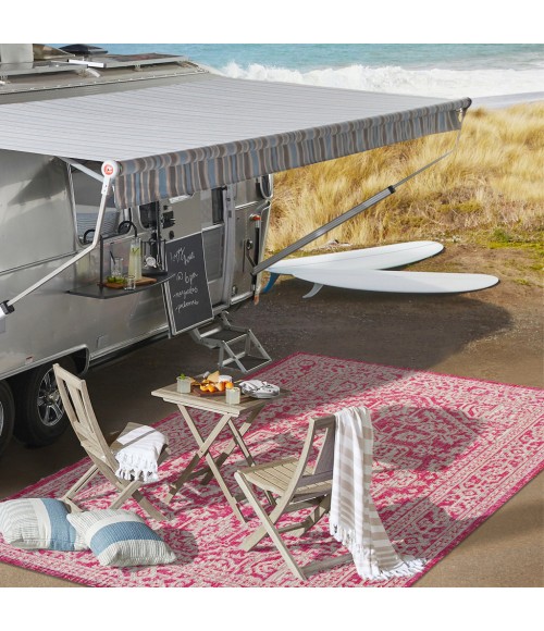 SANTA MONICA Area Rug Sinjuri Medallion Textured Weave Fuchsia/Light Gray 2 ft. x 10 ft. Indoor/Outdoor Runner Rug