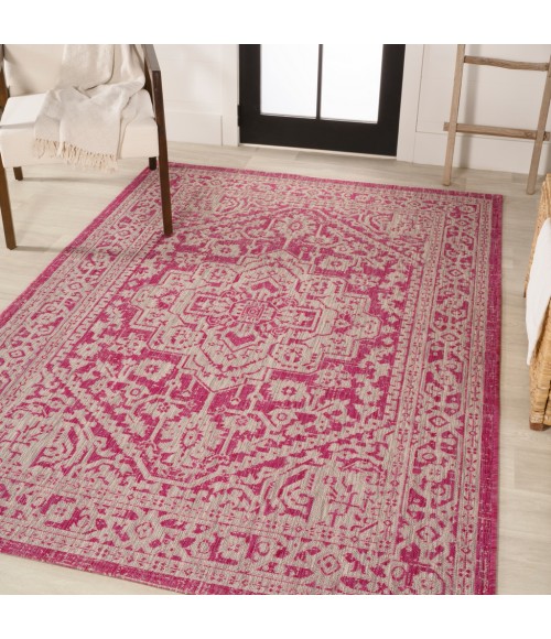 Sinjuri Medallion Textured Weave Fuchsia/Light Gray 3 ft. x 5 ft. Indoor/Outdoor Area Rug