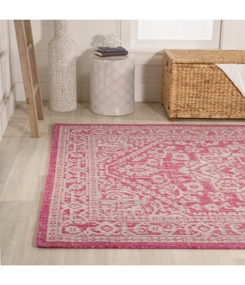 Sinjuri Medallion Textured Weave Fuchsia/Light Gray 3 ft. x 5 ft. Indoor/Outdoor Area Rug