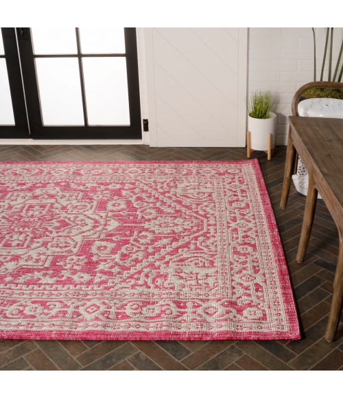 Sinjuri Medallion Textured Weave Fuchsia/Light Gray 3 ft. x 5 ft. Indoor/Outdoor Area Rug