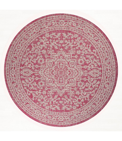 Sinjuri Medallion Textured Weave Fuchsia/Light Gray 5' Round Indoor/Outdoor Area Rug