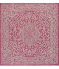 SANTA MONICA Area Rug Sinjuri Medallion Textured Weave Fuchsia/Light Gray 5' Square Indoor/Outdoor Area Rug