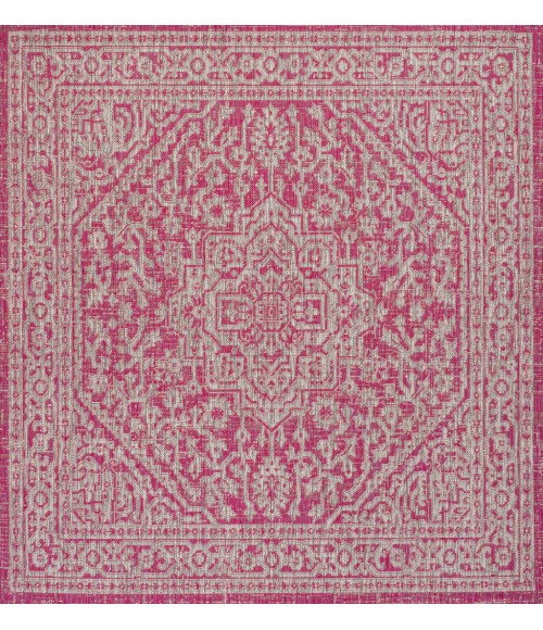 SANTA MONICA Area Rug Sinjuri Medallion Textured Weave Fuchsia/Light Gray 5' Square Indoor/Outdoor Area Rug