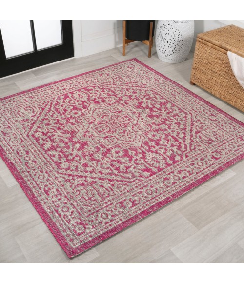 SANTA MONICA Area Rug Sinjuri Medallion Textured Weave Fuchsia/Light Gray 5' Square Indoor/Outdoor Area Rug