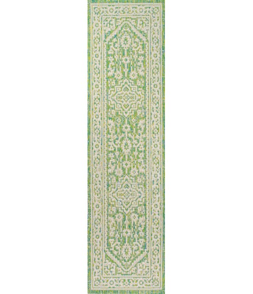 Sinjuri Medallion Textured Weave Cream/Green 2 ft. x 10 ft. Indoor/Outdoor Runner Rug