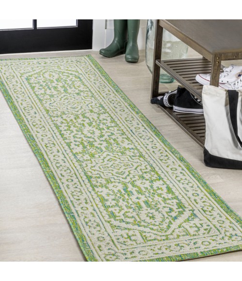 Sinjuri Medallion Textured Weave Cream/Green 2 ft. x 10 ft. Indoor/Outdoor Runner Rug