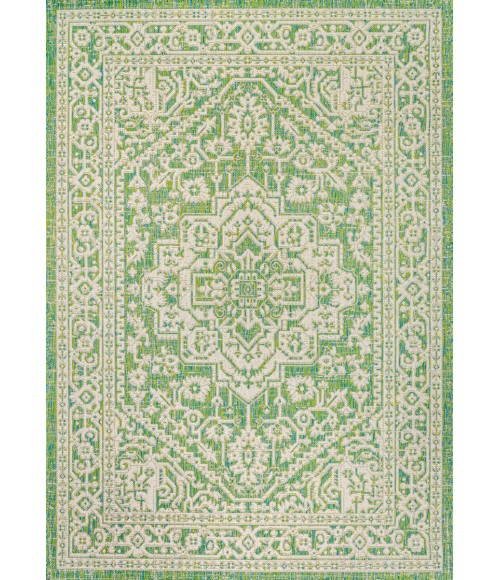 Sinjuri Medallion Textured Weave Cream/Green 9 ft. x 12 ft. Indoor/Outdoor Area Rug