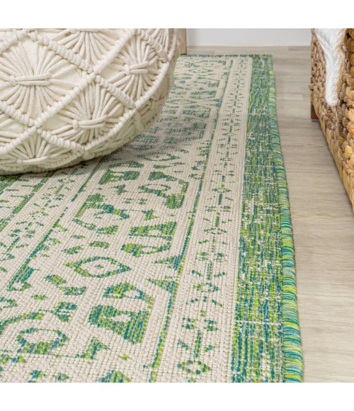 SANTA MONICA Area Rug Sinjuri Medallion Textured Weave Cream/Green 5' Square Indoor/Outdoor Area Rug