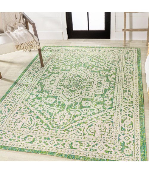 Sinjuri Medallion Textured Weave Cream/Green 9 ft. x 12 ft. Indoor/Outdoor Area Rug