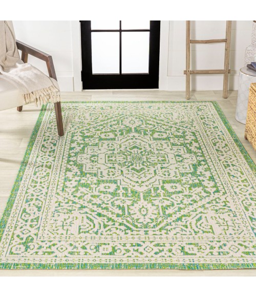 Sinjuri Medallion Textured Weave Cream/Green 9 ft. x 12 ft. Indoor/Outdoor Area Rug