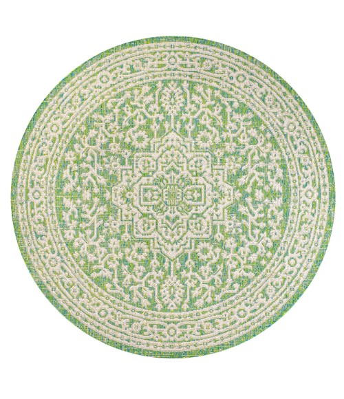 SANTA MONICA Area Rug Sinjuri Medallion Textured Weave Cream/Green 5' Round Indoor/Outdoor Area Rug