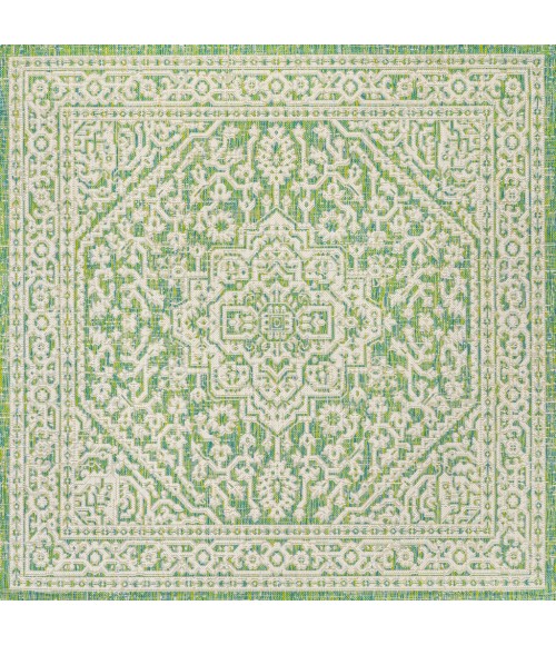 SANTA MONICA Area Rug Sinjuri Medallion Textured Weave Cream/Green 5' Square Indoor/Outdoor Area Rug