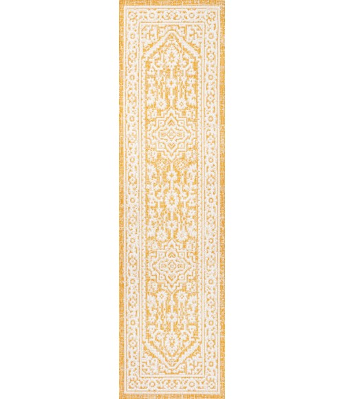Sinjuri Medallion Textured Weave Yellow/Cream 2 ft. x 10 ft. Indoor/Outdoor Runner Rug