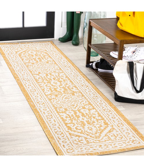 Sinjuri Medallion Textured Weave Yellow/Cream 2 ft. x 10 ft. Indoor/Outdoor Runner Rug