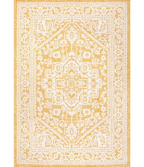 Sinjuri Medallion Textured Weave Yellow/Cream 5 ft. x 8 ft. Indoor/Outdoor Area Rug