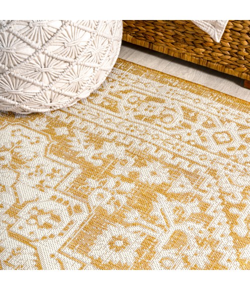 SANTA MONICA Area Rug Sinjuri Medallion Textured Weave Yellow/Cream 5' Square Indoor/Outdoor Area Rug