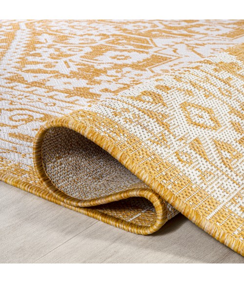 SANTA MONICA Area Rug Sinjuri Medallion Textured Weave Yellow/Cream 5' Square Indoor/Outdoor Area Rug