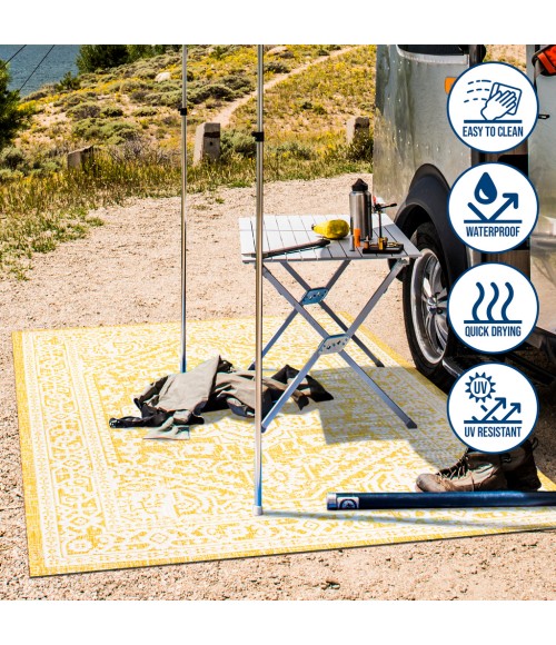 SANTA MONICA Area Rug Sinjuri Medallion Textured Weave Yellow/Cream 5' Square Indoor/Outdoor Area Rug