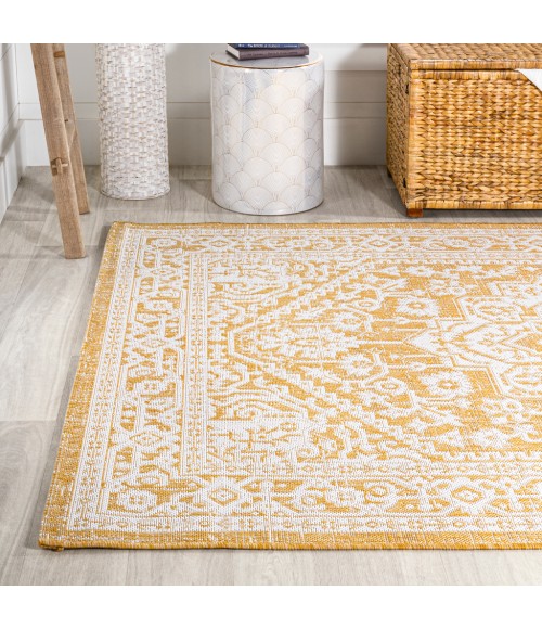 Sinjuri Medallion Textured Weave Yellow/Cream 5 ft. x 8 ft. Indoor/Outdoor Area Rug