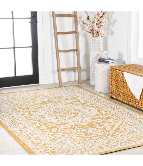 Sinjuri Medallion Textured Weave Yellow/Cream 5 ft. x 8 ft. Indoor/Outdoor Area Rug