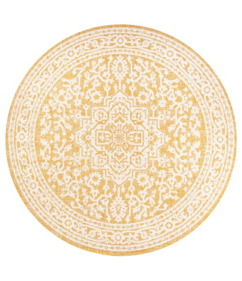 SANTA MONICA Area Rug Sinjuri Medallion Textured Weave Yellow/Cream 5' Round Indoor/Outdoor Area Rug
