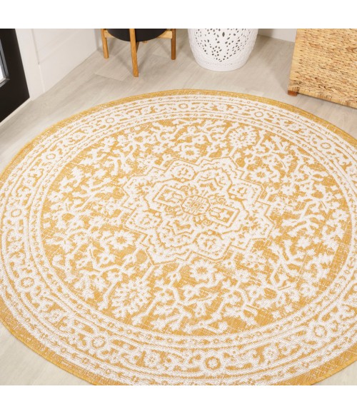 SANTA MONICA Area Rug Sinjuri Medallion Textured Weave Yellow/Cream 5' Round Indoor/Outdoor Area Rug