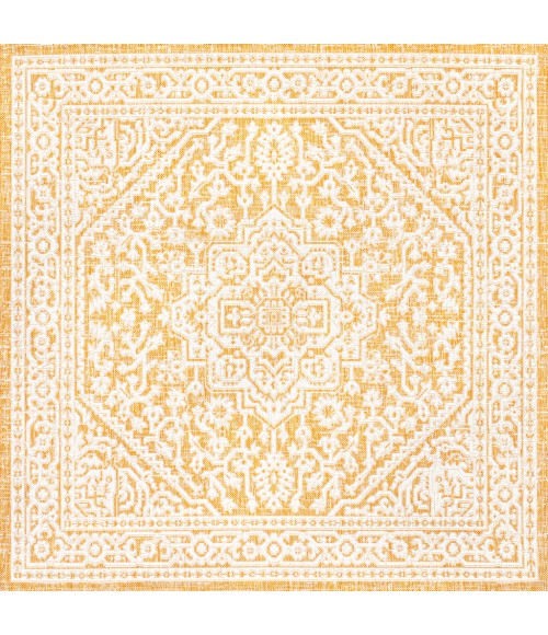 SANTA MONICA Area Rug Sinjuri Medallion Textured Weave Yellow/Cream 5' Square Indoor/Outdoor Area Rug