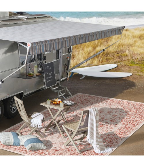 SANTA MONICA Area Rug Rozetta Boho Medallion Textured Weave Red/Taupe 2 ft. x 10 ft. Indoor/Outdoor Runner Rug
