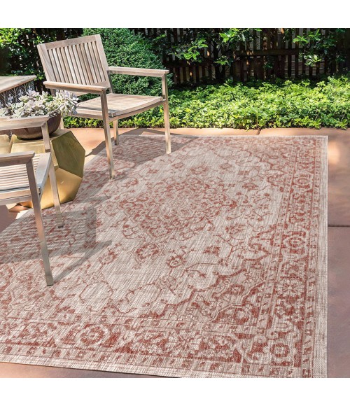 SANTA MONICA Area Rug Rozetta Boho Medallion Textured Weave Red/Taupe 8 ft. x 10 ft. Indoor/Outdoor Area Rug