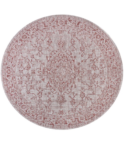 SANTA MONICA Area Rug Rozetta Boho Medallion Textured Weave Red/Taupe 5' Round Indoor/Outdoor Area Rug
