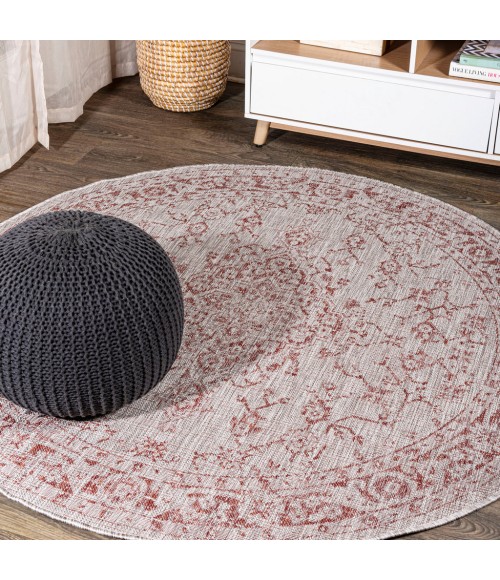 SANTA MONICA Area Rug Rozetta Boho Medallion Textured Weave Red/Taupe 5' Round Indoor/Outdoor Area Rug