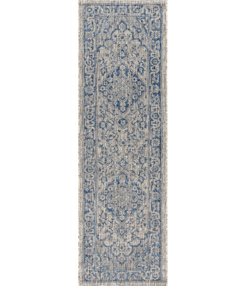 SANTA MONICA Area Rug Rozetta Boho Medallion Textured Weave Gray/Navy 2 ft. x 8 ft. Indoor/Outdoor Runner Rug