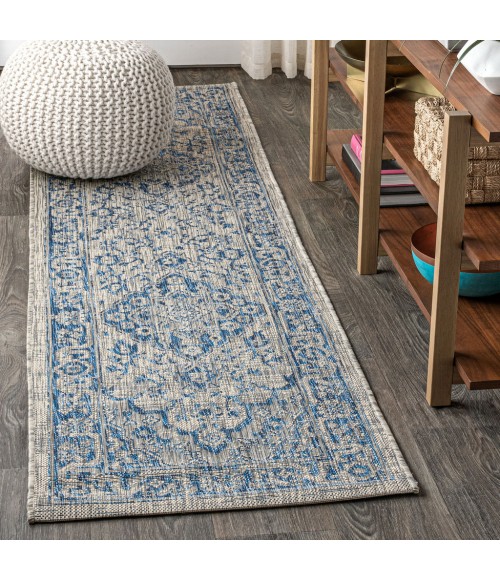 SANTA MONICA Area Rug Rozetta Boho Medallion Textured Weave Gray/Navy 2 ft. x 8 ft. Indoor/Outdoor Runner Rug