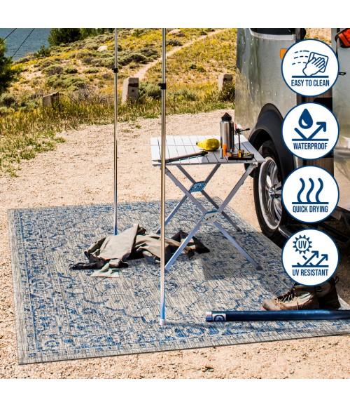 SANTA MONICA Area Rug Rozetta Boho Medallion Textured Weave Gray/Navy 2 ft. x 8 ft. Indoor/Outdoor Runner Rug